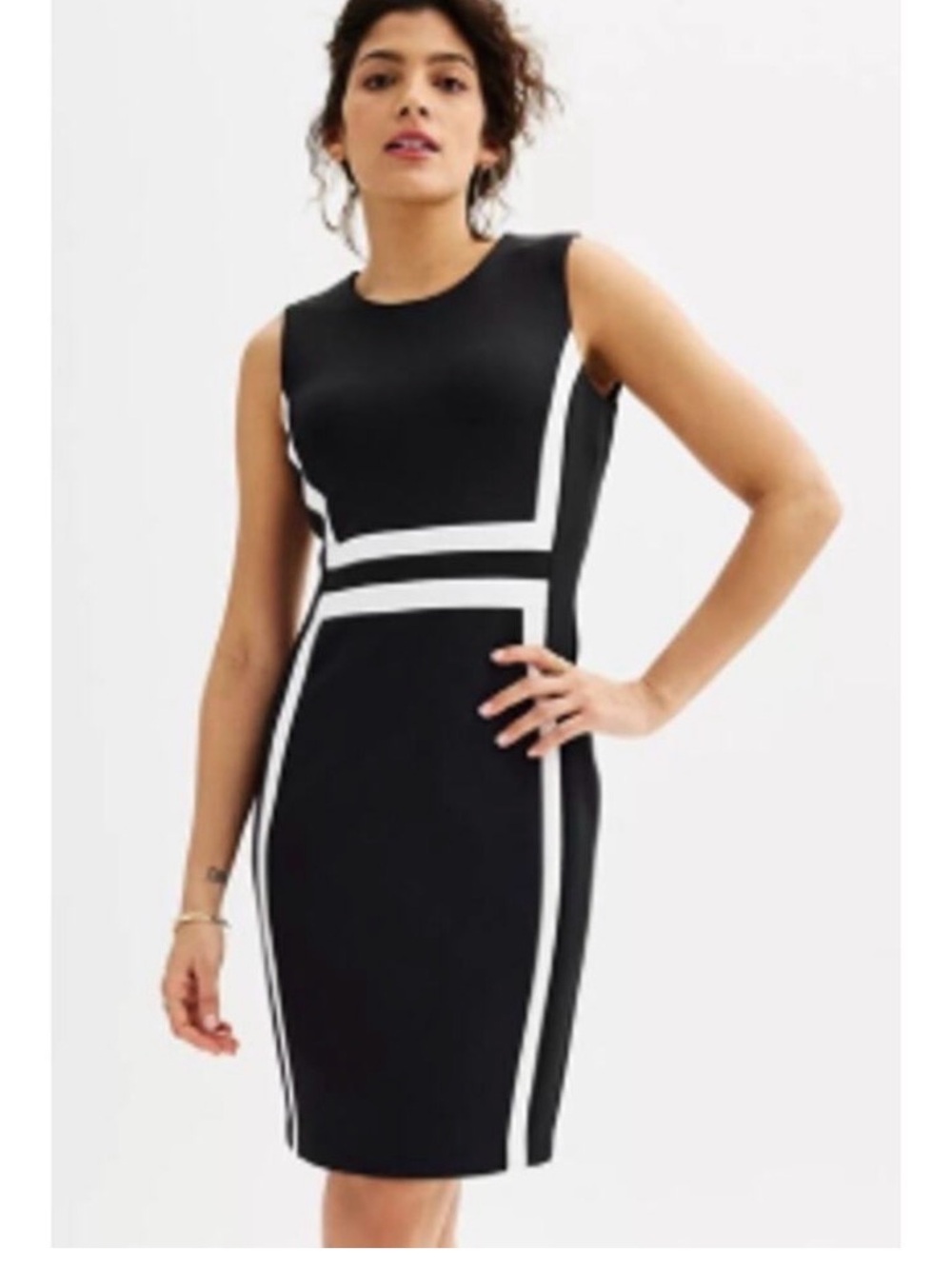 Calvin Klein Black Midi Sheath Dress with White Contrast Trim